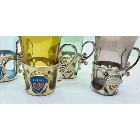 Vintage California Souvenir Shot Glasses Silver Handled Holders Set Of 4 1950s - Picture 3 of 14